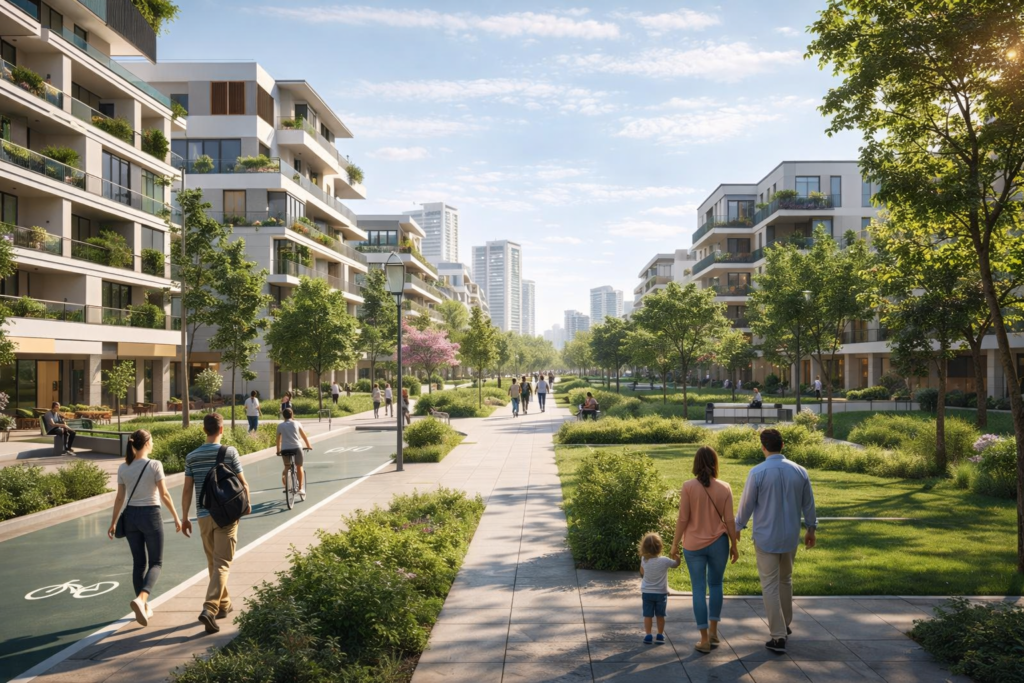 diseño urbano y salud en un barrio sostenible con zonas verdes y personas caminando en Los Ahijones
