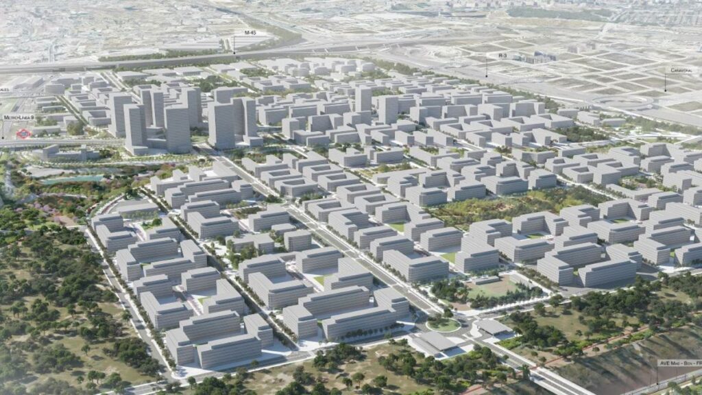 Vista aérea del desarrollo urbanístico Los Ahijones en Madrid con planificación de nuevos barrios y espacios verdes