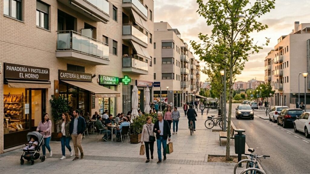 Calle con comercios de proximidad en Los Ahijones, con cafetería, panadería y farmacia en un entorno residencial moderno de Madrid