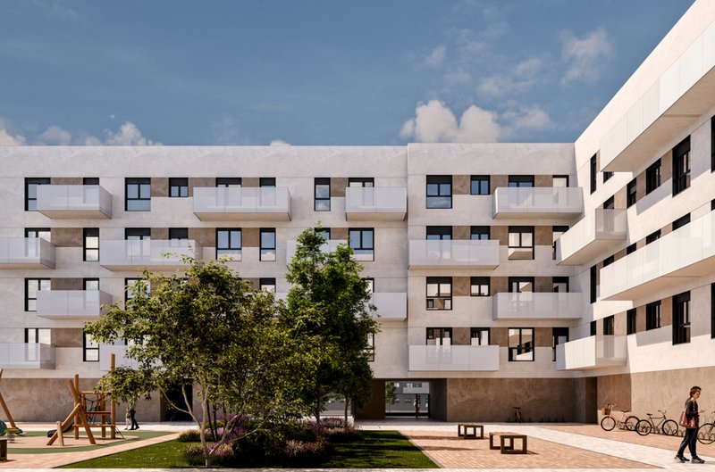 Edificio de viviendas de obra nueva con balcones y zonas comunes ajardinadas, representativo de las promociones de alquiler para jóvenes en Los Ahijones, Madrid