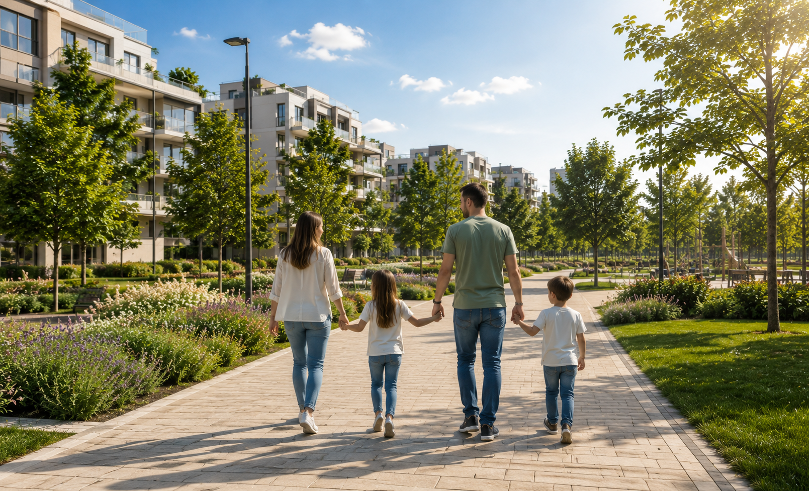 Familia paseando por zonas verdes en un barrio planificado de Madrid con viviendas de nueva construcción