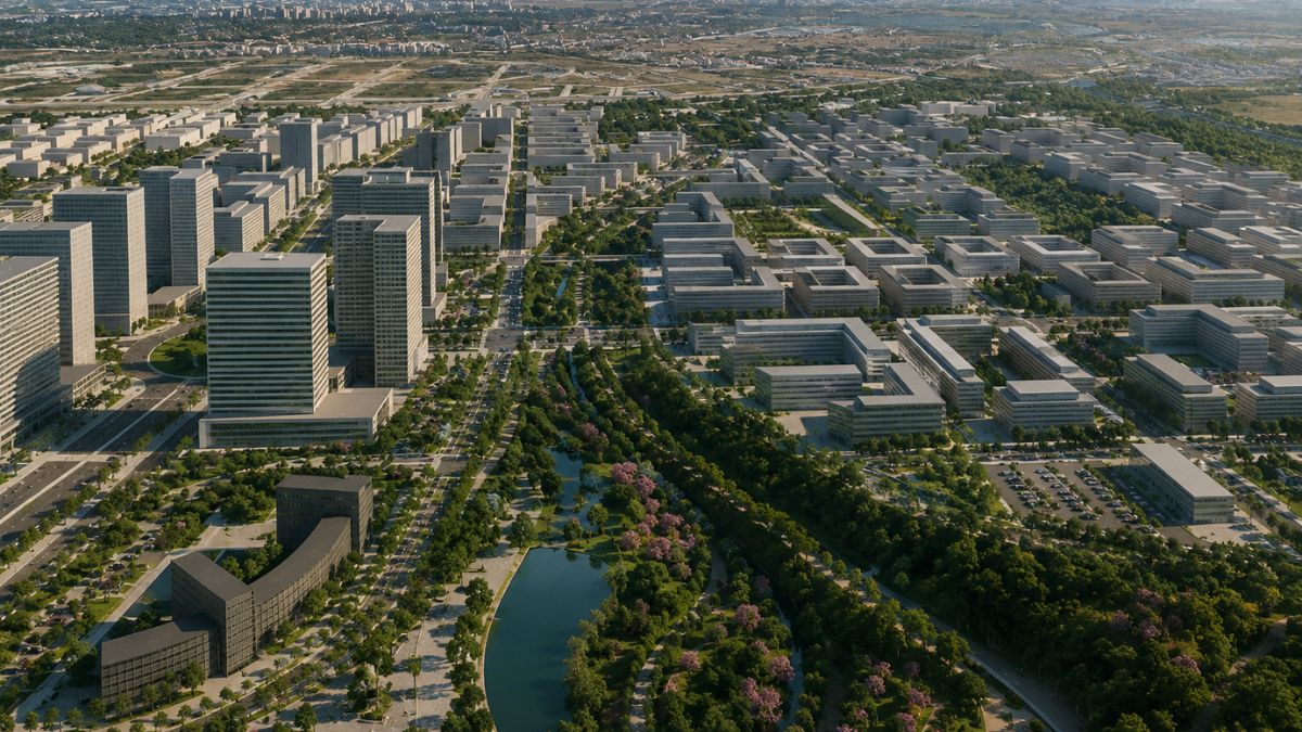 Los Ahijones, futuro desarrollo urbanístico en Madrid con vista aérea realista de su planificación urbana, zonas verdes e infraestructuras modernas