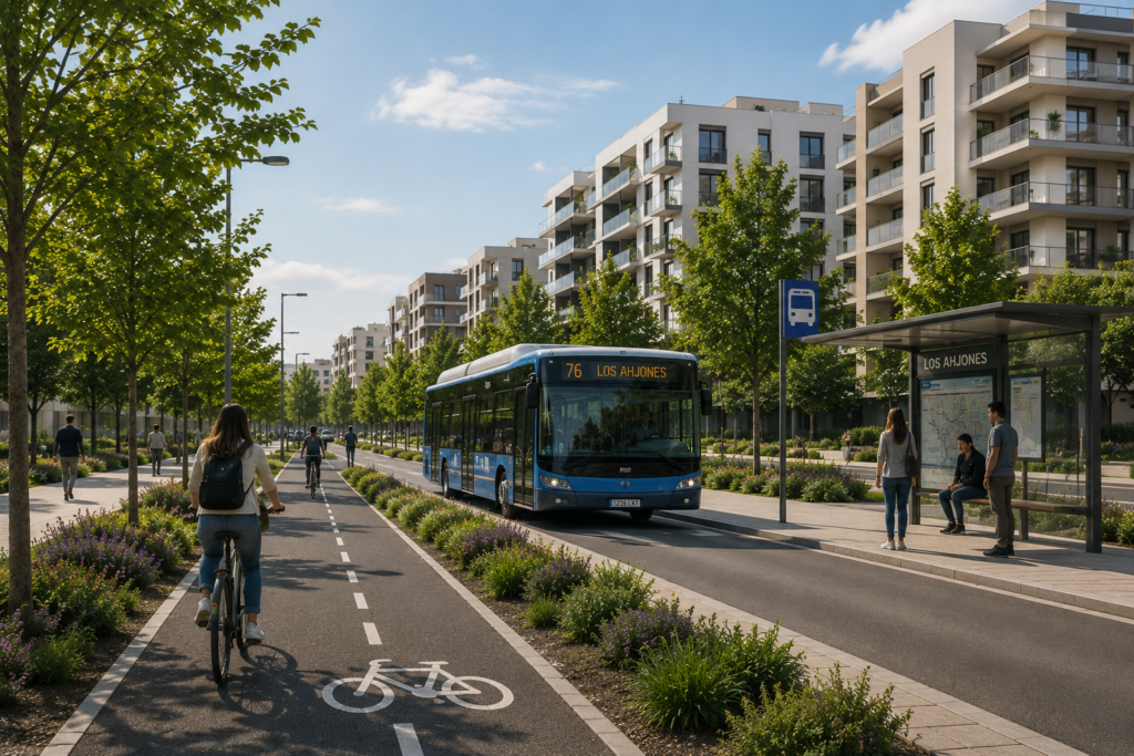 Movilidad sostenible en un barrio planificado de Madrid con carril bici, transporte público y amplias zonas peatonales