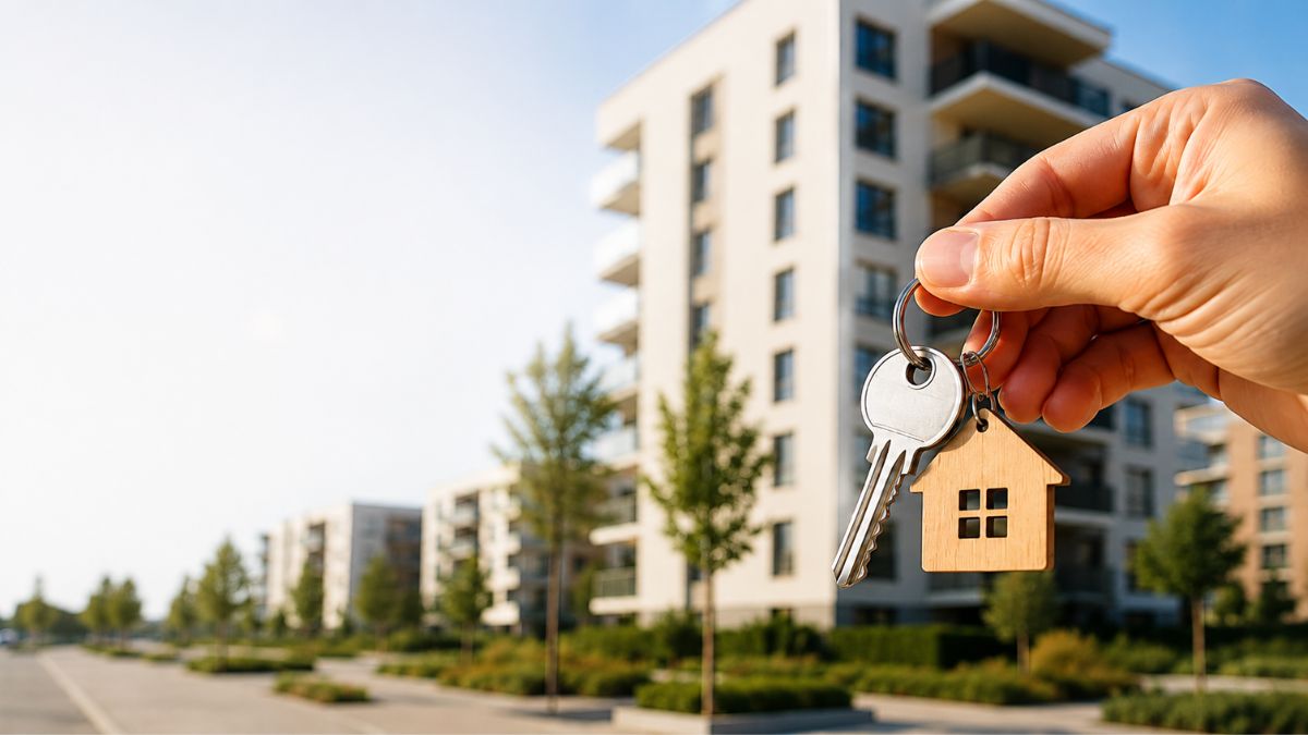 Llaves de una vivienda frente a edificios residenciales modernos en Madrid para ilustrar la compra de vivienda protegida.