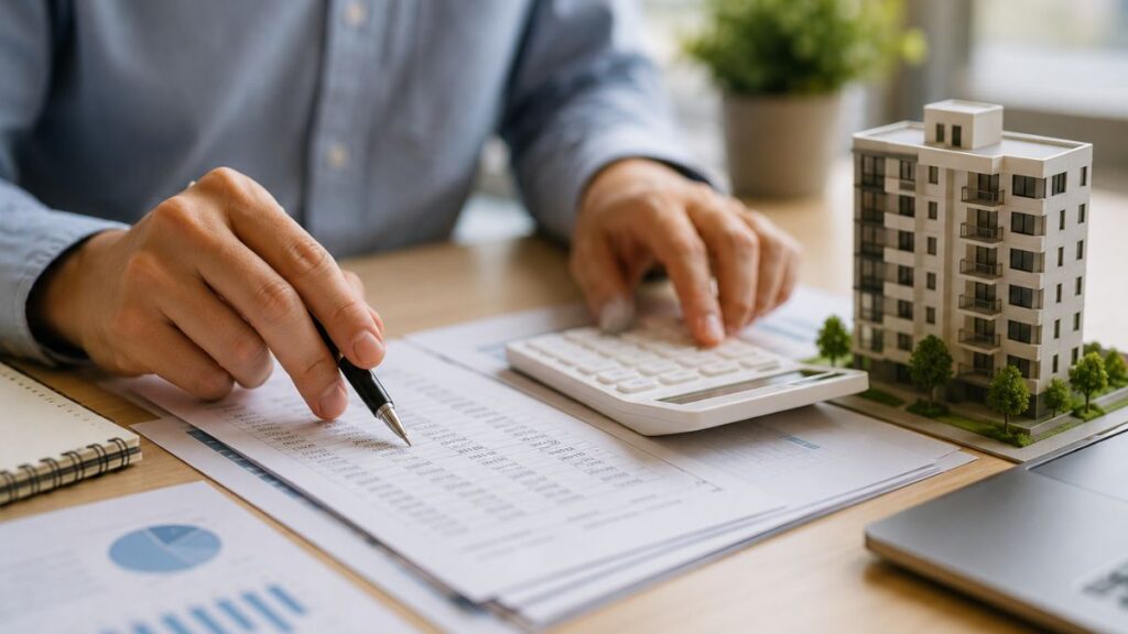 Persona revisando presupuesto y financiación antes de comprar una vivienda protegida en Madrid.