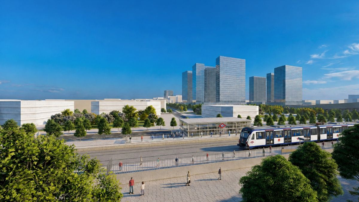 Vista recreada de la futura estación de Metro Ahijones-Berrocales con tren de la Línea 9 y entorno urbano del sureste de Madrid.