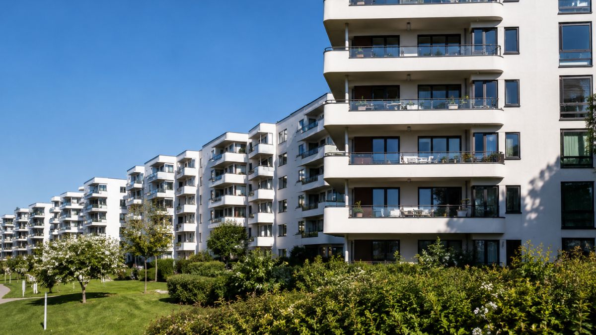 Vista de un residencial moderno en Los Ahijones con zonas verdes, ejemplo de sostenibilidad urbana y planificación eficiente del agua.