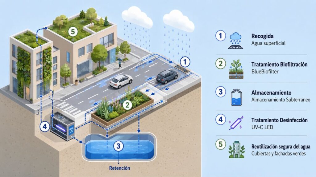 Infografía sobre gestión sostenible del agua urbana con recogida de agua superficial, biofiltración, almacenamiento subterráneo, desinfección UV-C LED y reutilización segura en cubiertas y fachadas verdes.