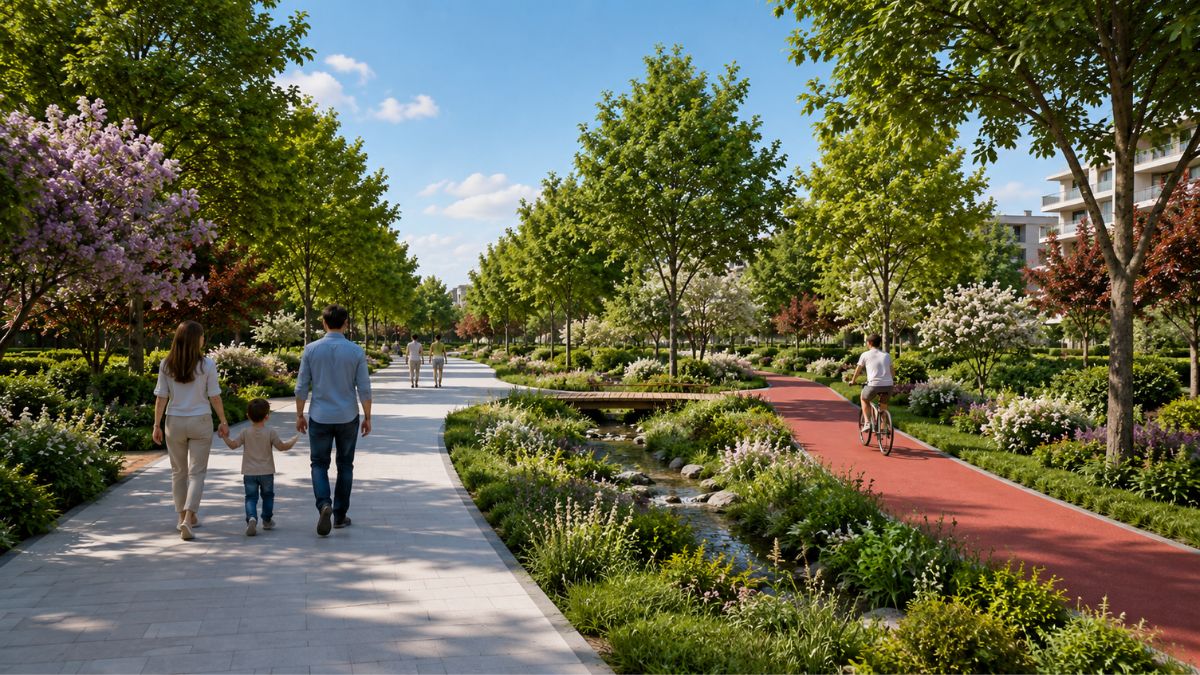 Familia paseando junto a un carril bici y un parque lineal ajardinado en Los Ahijones, junto al futuro Bosque Metropolitano de Madrid.