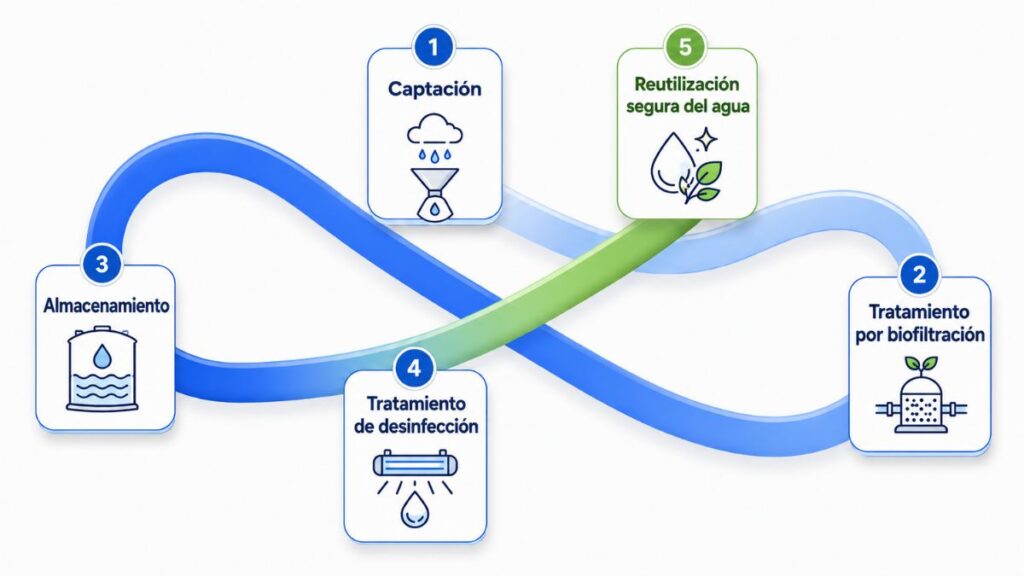 Infografía del proceso de reutilización segura del agua de lluvia del proyecto LIFE GreenLED, desde la captación hasta el tratamiento, almacenamiento y reutilización del agua.
