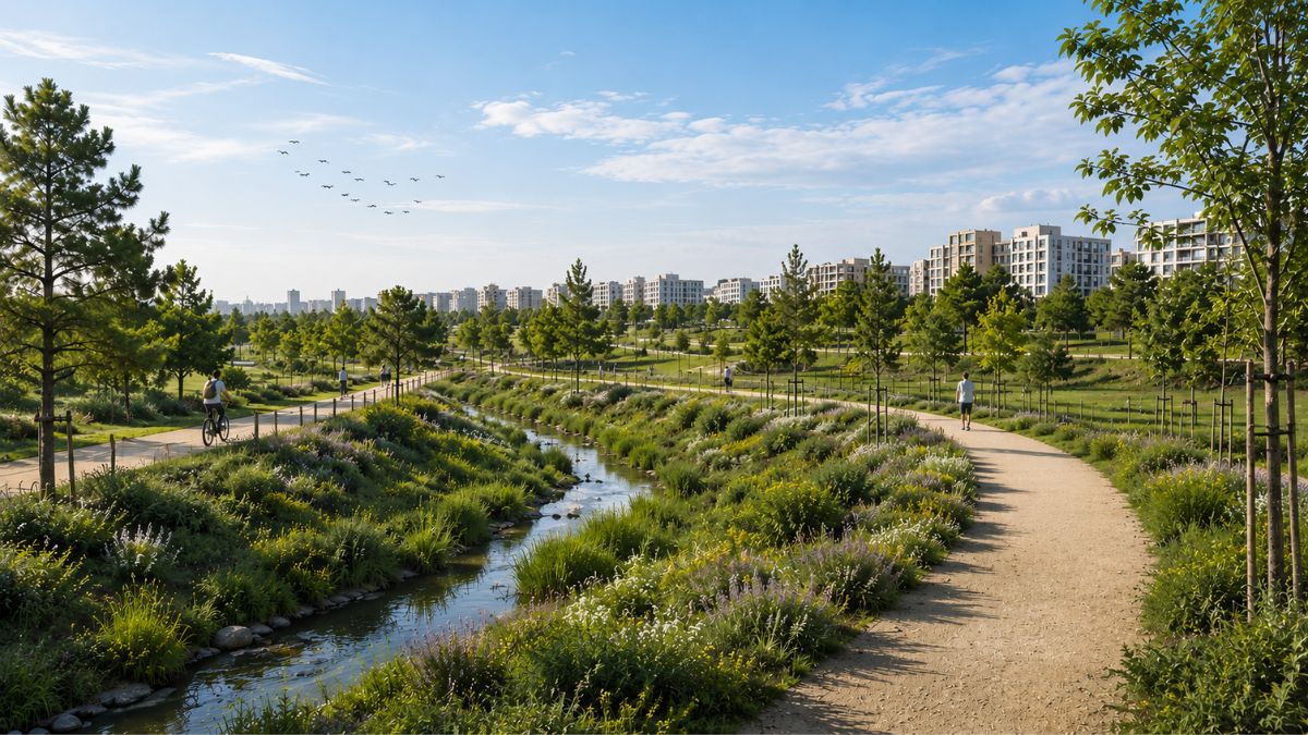 Corredor verde del Arroyo de los Ahijones con vegetación autóctona y parque lineal en el sureste de Madrid