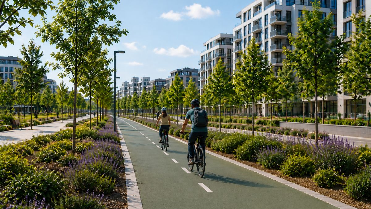 Carril bici en Los Ahijones con dos ciclistas circulando por una avenida arbolada entre zonas verdes y edificios residenciales modernos.