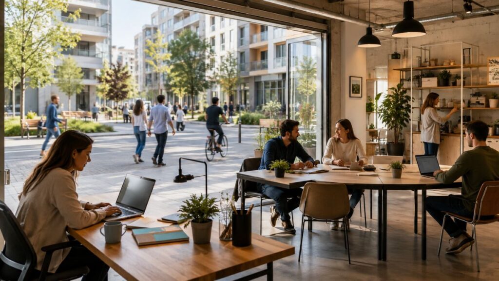 Espacio de trabajo moderno en Los Ahijones con profesionales, actividad económica de proximidad y vistas a un entorno urbano residencial.