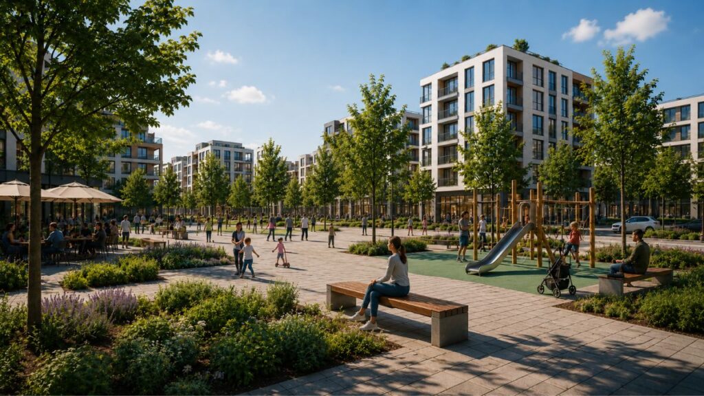 Plaza urbana en Los Ahijones con zonas verdes, juegos infantiles, bancos y vecinos disfrutando de un espacio público pensado para la vida diaria.
