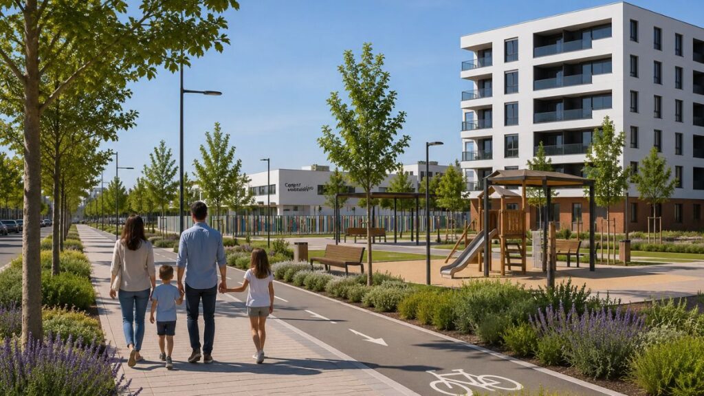 Familia paseando por Los Ahijones junto a un carril bici, parque infantil, zonas verdes y equipamientos de proximidad.