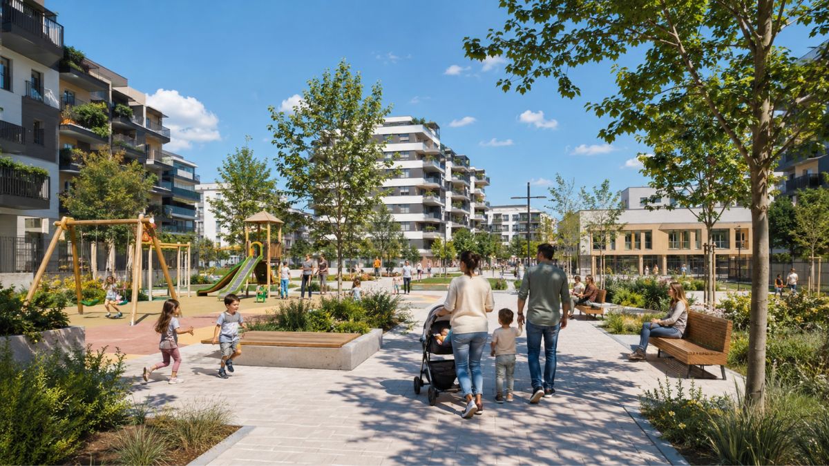Familia paseando por Los Ahijones junto a zonas verdes, parque infantil, bancos y edificios residenciales en un entorno pensado para la vida diaria.