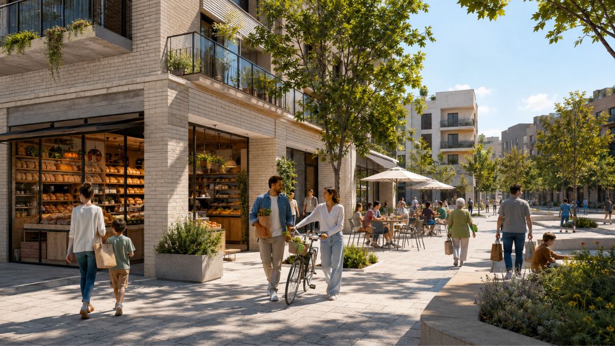 Espacio urbano con comercio local, terraza y vecinos caminando o comprando cerca de casa, como ejemplo de vida de barrio en Los Ahijones.