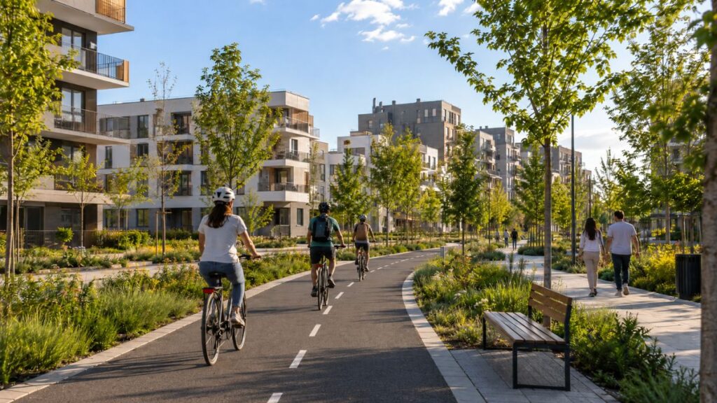 Carril bici en Los Ahijones con varios ciclistas circulando por una avenida arbolada junto a zonas verdes, bancos y edificios residenciales.