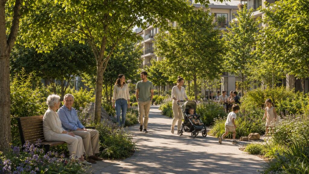 Parque urbano con senderos peatonales, abundante vegetación, familias paseando, niños jugando y personas mayores descansando en bancos.