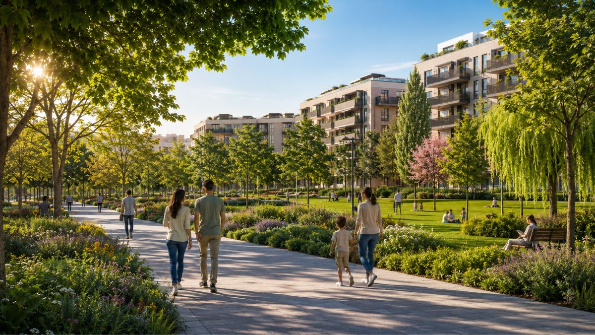 Paseo peatonal en un parque urbano con abundante sombra, zonas ajardinadas, vecinos caminando y áreas de descanso junto a edificios residenciales.