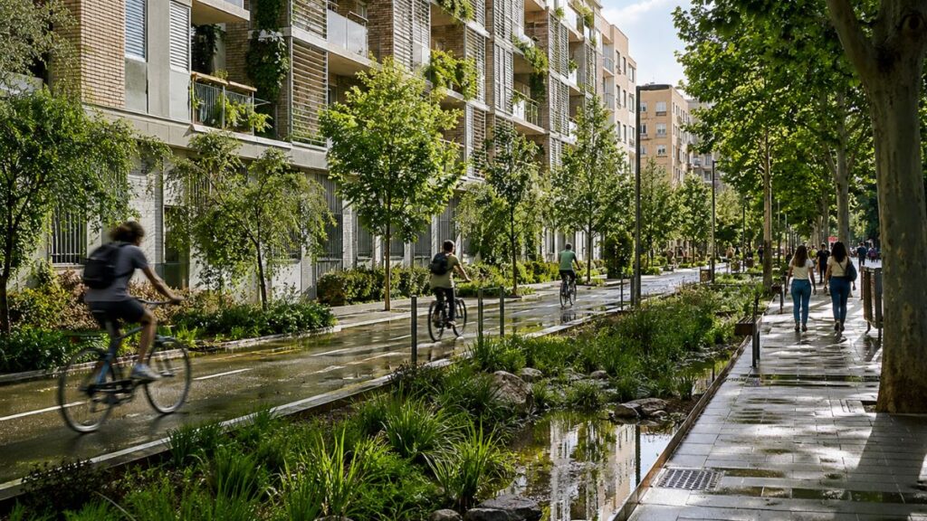 Calle urbana con vegetación, carril bici y sistema de drenaje con agua integrada en el paisaje, representando la adaptación climática en los nuevos barrios de Madrid.