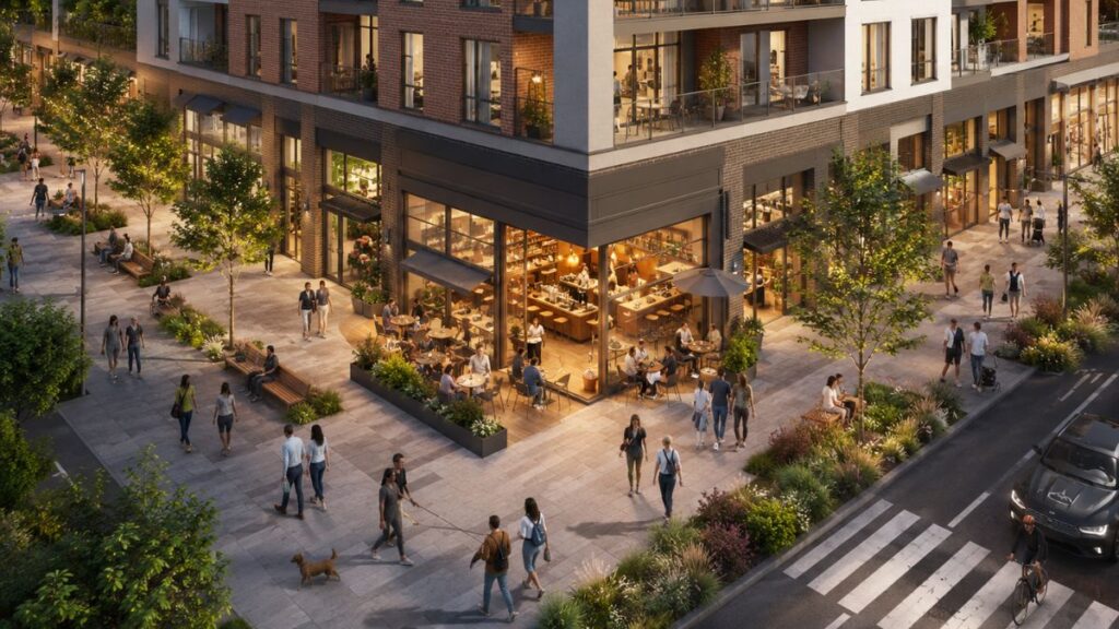 Edificio residencial con locales comerciales en planta baja, cafetería y actividad peatonal a pie de calle en Los Ahijones.