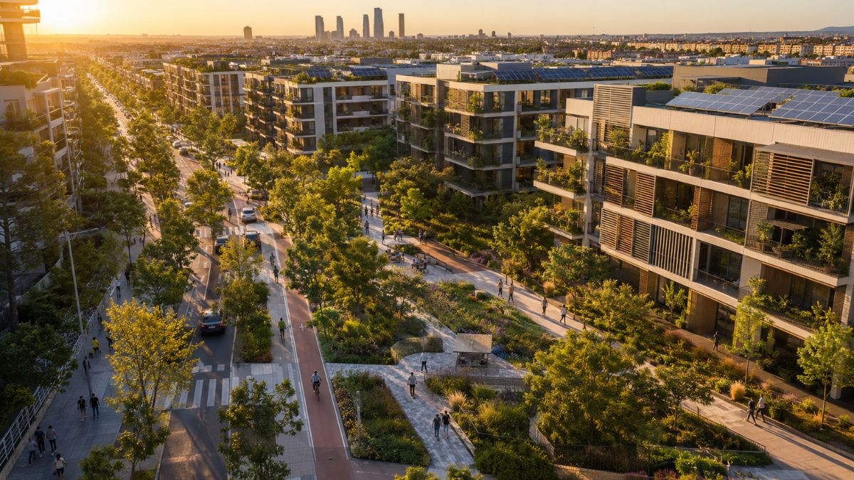 Vista aérea de un barrio moderno con abundante vegetación, edificios eficientes y calles arboladas, como ejemplo de planificación urbana frente a los retos climáticos de Madrid.