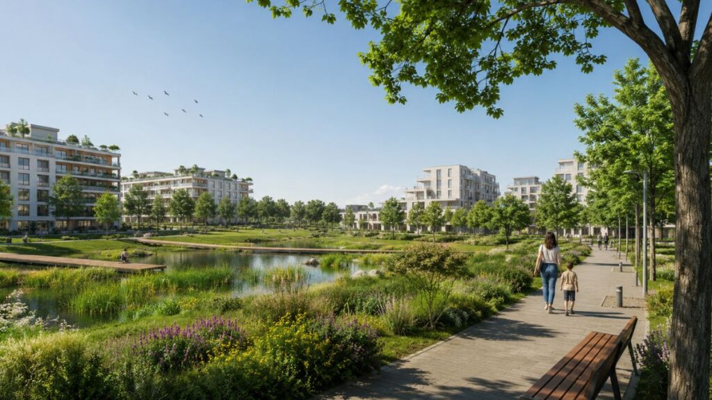 Parque urbano con lago, senderos peatonales, vegetación y edificios residenciales, como ejemplo de un entorno sostenible en Los Ahijones.
