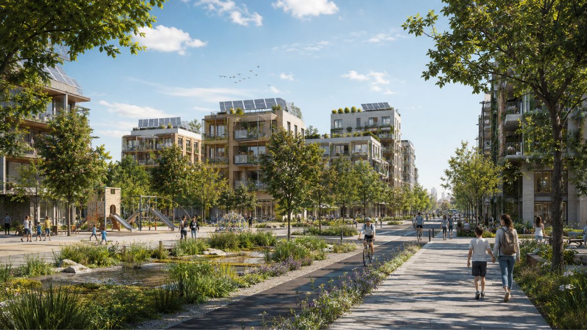 Calle de un barrio moderno con carril bici, transporte público, zonas verdes y espacios peatonales, ejemplo de urbanismo sostenible en Los Ahijones.