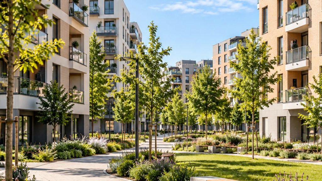 Conjunto de edificios residenciales de diferentes estilos arquitectónicos, integrados en un entorno urbano con zonas verdes, jardines y espacios peatonales compartidos.