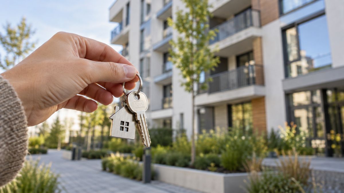 Mano sosteniendo las llaves de una vivienda nueva, con edificios residenciales al fondo, como representación del acceso a la vivienda libre y protegida.