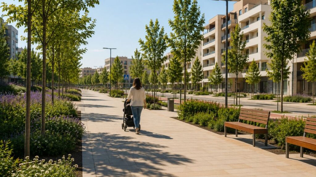 Recorrido peatonal accesible en Los Ahijones con zonas verdes y espacios pensados para facilitar la movilidad