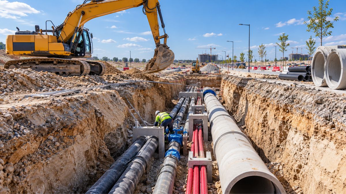 Instalación de tuberías y canalizaciones subterráneas durante las obras de urbanización de un nuevo barrio.