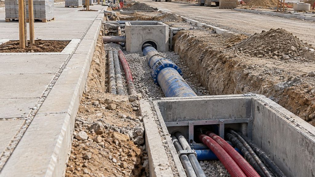 Obras de urbanización de una calle con instalación de tuberías y canalizaciones subterráneas, construcción de aceras y maquinaria de obra.